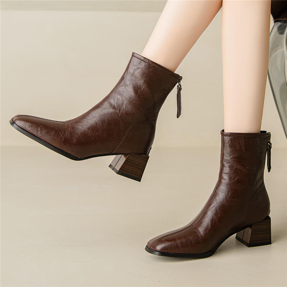 Fashion 2025 Autumn PU Leather Women Ankle Boots Back Zipper Close Modern Boots Thick High Heels Shoes Woman Boats Botines Mujer 32-43