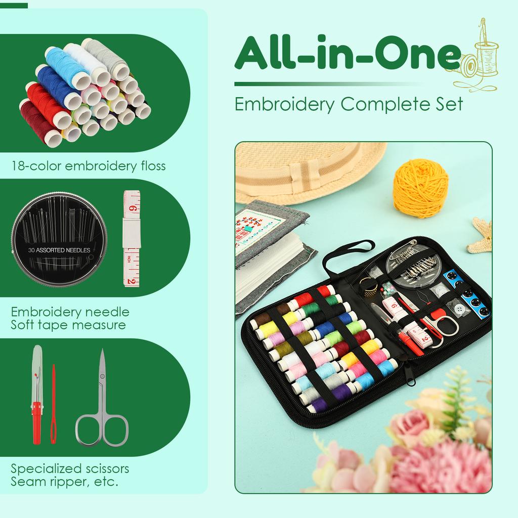 Embroidery Stitch Book Kit with Threads Needles Scissors Tape Measure Buttons Storage Bag Beginner Portable Sewing Box Tools