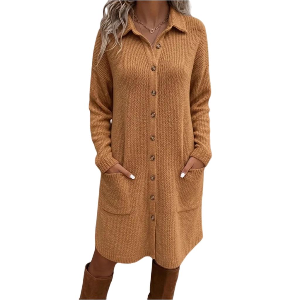 Damen Strickkleid mit Knopfkragen, einfarbig, langärmlig, mit Tasche