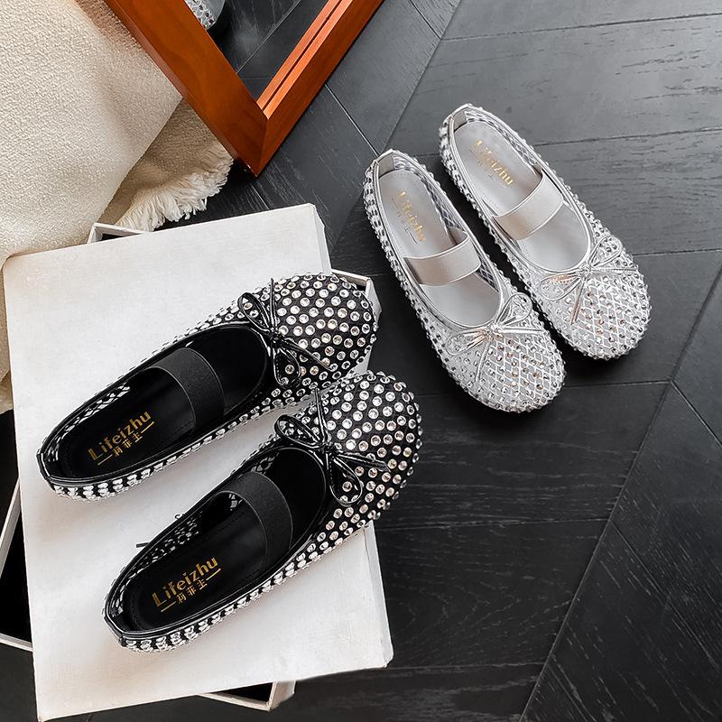Fashion Europe Station Breathable mesh rhinestone spring and autumn one-word buckle with flat-soled single shoes spring and summer Mary Jane s