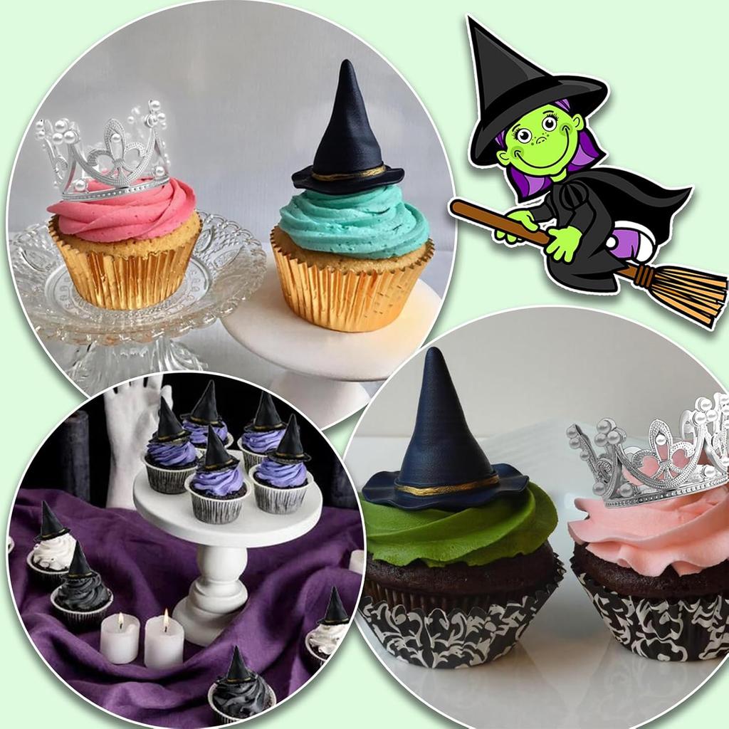 17 PCS Witch and Princess Theme Cupcake Toppers, Mini Witch Hat Silver Alloy Crown for Pink and Green Birthday Party Decorations