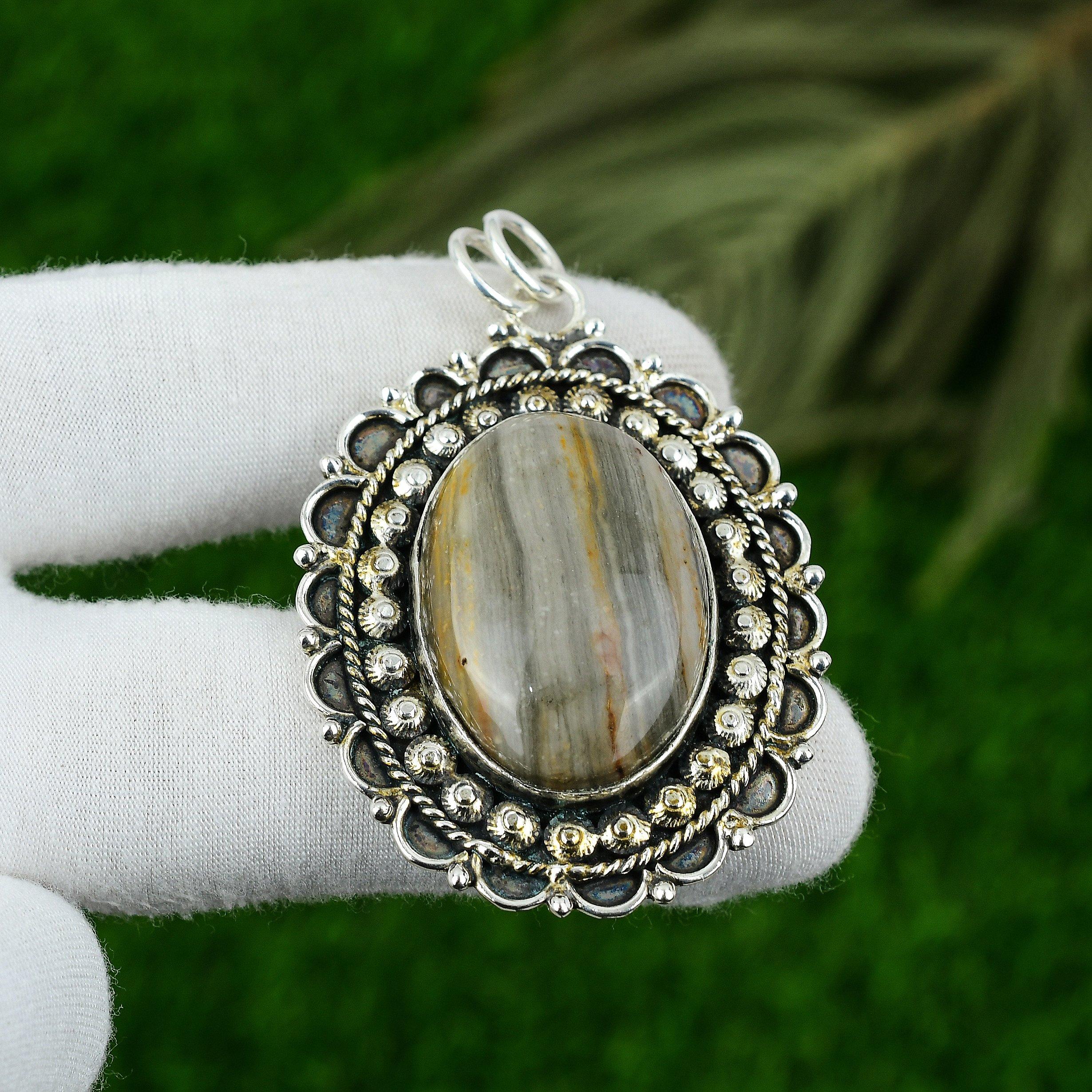 

925 Silver Imperial Jasper Stone Bezel New Engagement Anniversary Ethnic Pendant