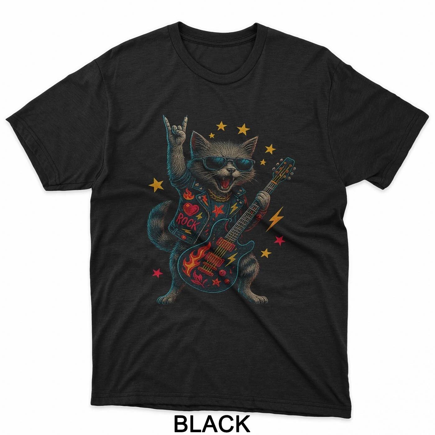 Retro Cat Rock Music Gifts Men Kids Women Funny Cat Guitar T-Shirt 3XL