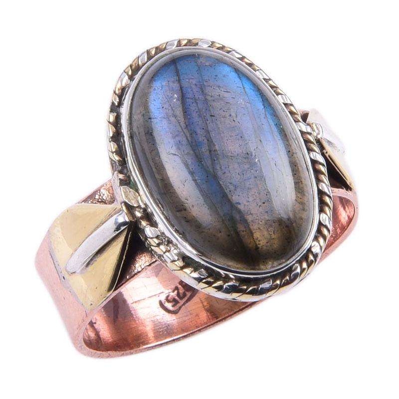 Natural Labradorite Gemstone 925 Sterling Silver Two Tone Ring Size 10.5 G4y37