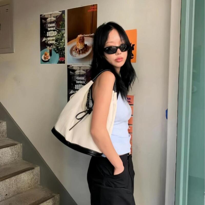 Fashion Canvas Tote Bags Simple Bow Tie Shoulder Bags Vintage Women's Handheld Shopping Bag Female Commuter Handbags