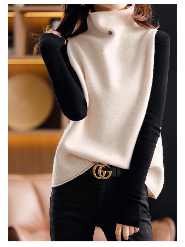 Women's Cashmere Sweater Vest: High Neck, Button-Up, Sleeveless, Loose Fit, Slimming, Wool Knit – Perfect for Autumn and Winter.