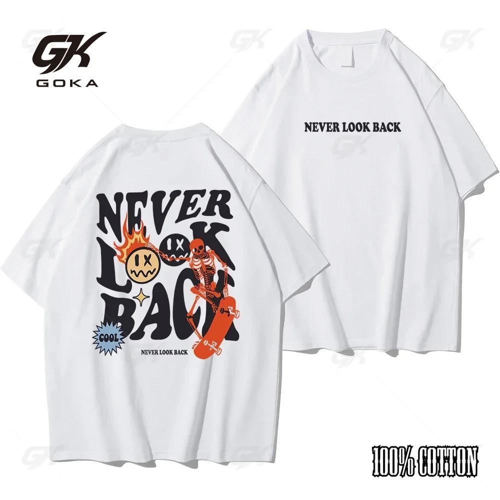 Never Look Back Creative Smiling Skull Cartoon Street Print TShirt Mens Loose Clothes Cotton Crew Neck Top High Quality S