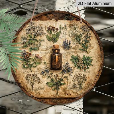2D Flat, 1pc Round Aluminum Vintage Herbarium Sign, Rustic Botanical Wall Decor with Herbs & Glass Bottle, Retro Old Book Floral Metal Plaque