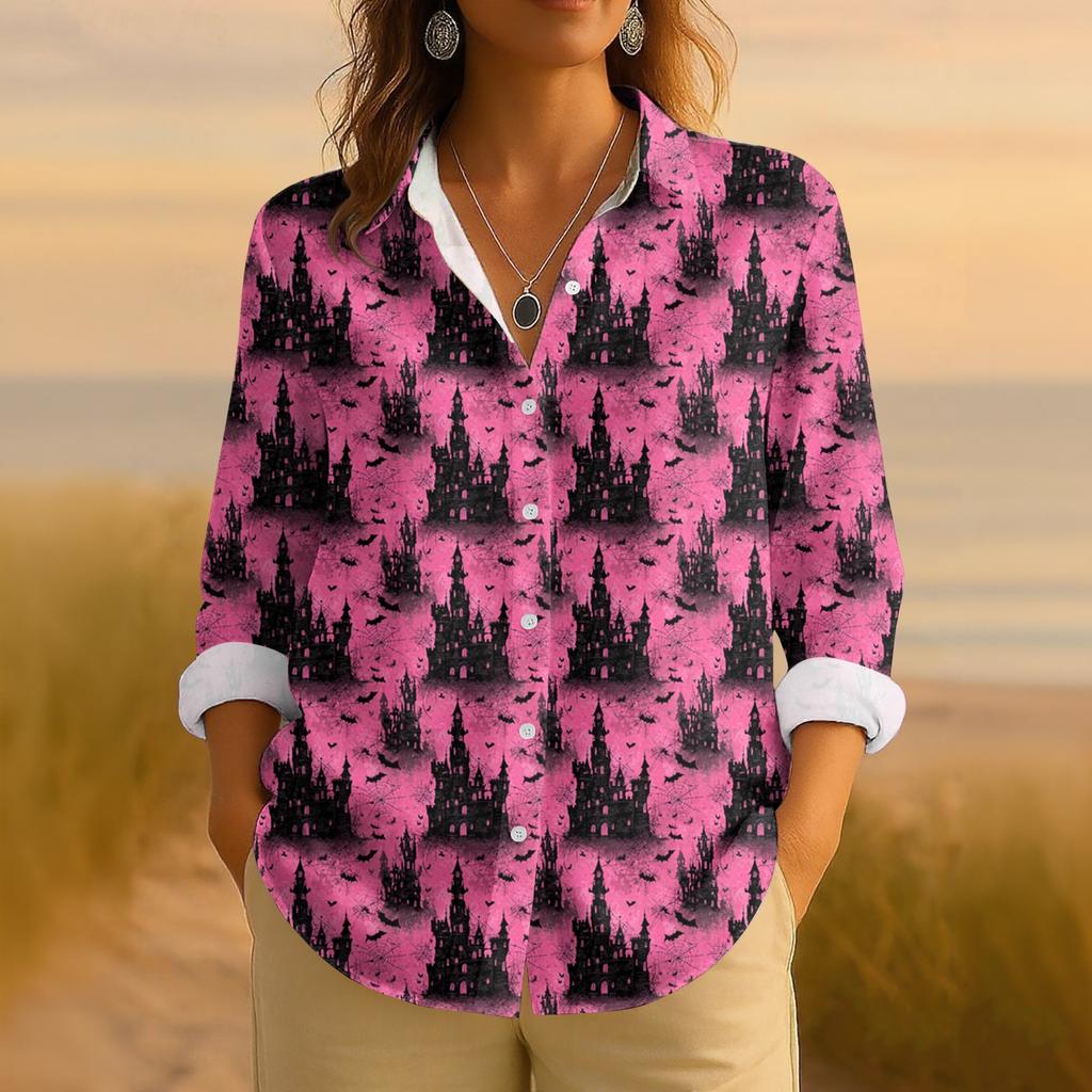 Dame Retro Halloween Trykket Knappelukking Langermet Casual Vanlig Skjortekrage Topp