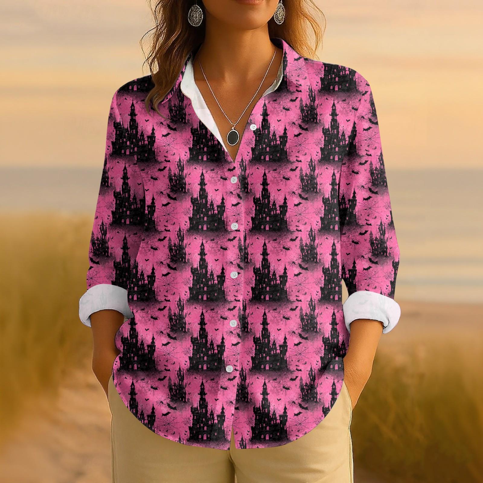 

Женская ретро рубашка с принтом на Хэллоуин, на пуговицах, с длинным рукавом, повседневная, с обычным воротником S