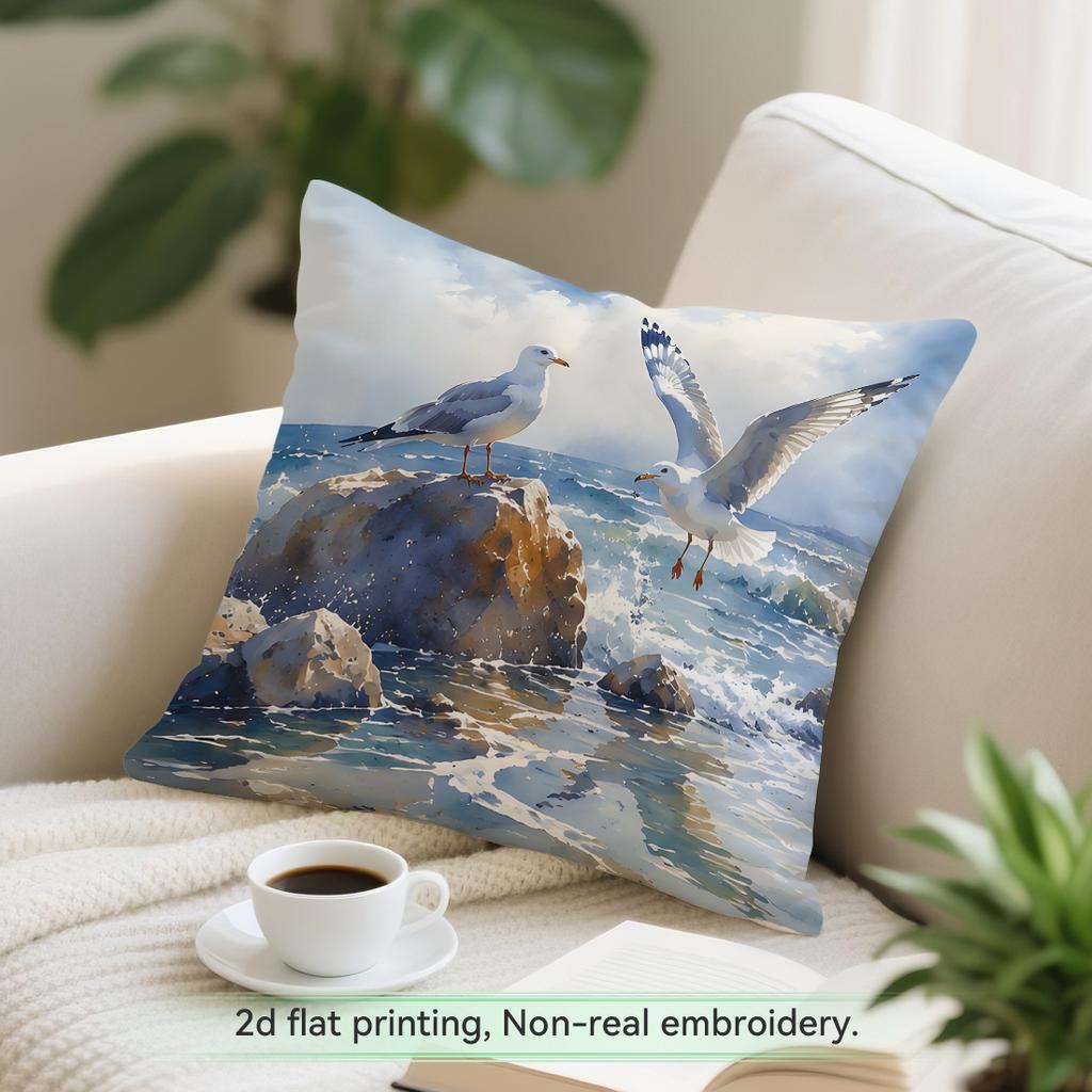 1pcs Watercolor Seagull Coast Cushions Pillowcase Polyester Cushion Cover Throw Pillow Pillowcover Home Car Sofa Decor