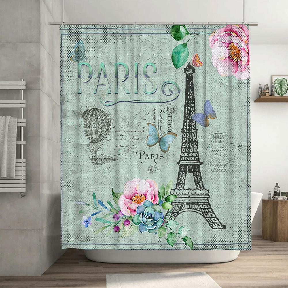 Eiffel Tower Paris Bath Shower Curtain Waterproof Home Decor Romantic Vintage Floral Print Size 72X84In (Green)