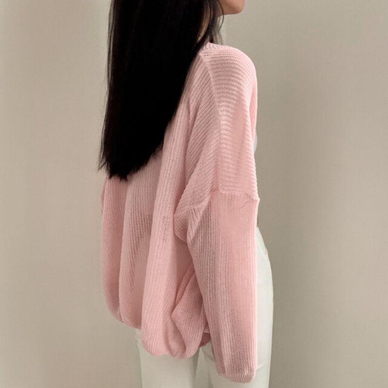 Solid color lazy loose thin sweater, all-match summer sunscreen ice silk knitted cardigan women 67288