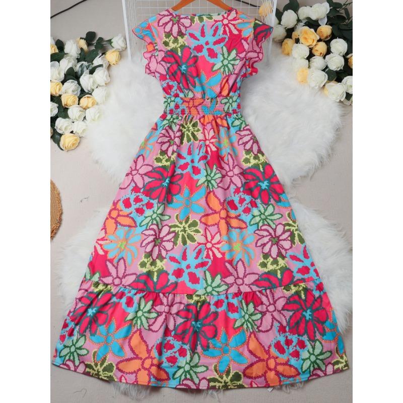 Women's Summer Fresh Sweet Holiday Style Fashion Flower Print Small Flying Sleeve Dress
