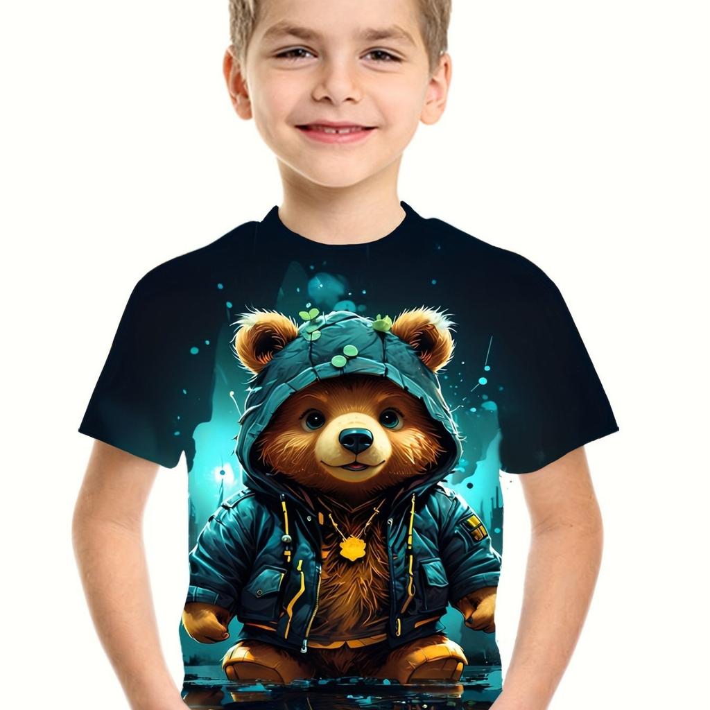 Children's 3D Short Sleeve Cool Bear Print Summer Clothing Boys T-Shirt Casual Fashion Round Neck Kids Top