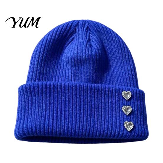 Autumn Winter Outdoor Headgear Heart Rhinestone Knitted Hat, Women Glitter Warm Cuffed Skull Cap with Rhinestones Stretchy Knit for Daily Street Wear