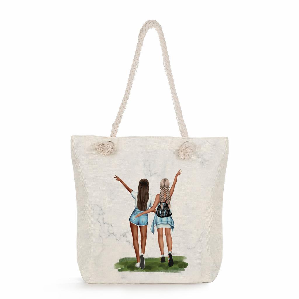 Sisters Print Thick Rope Single-shoulder Beach Bag 7275 CLE