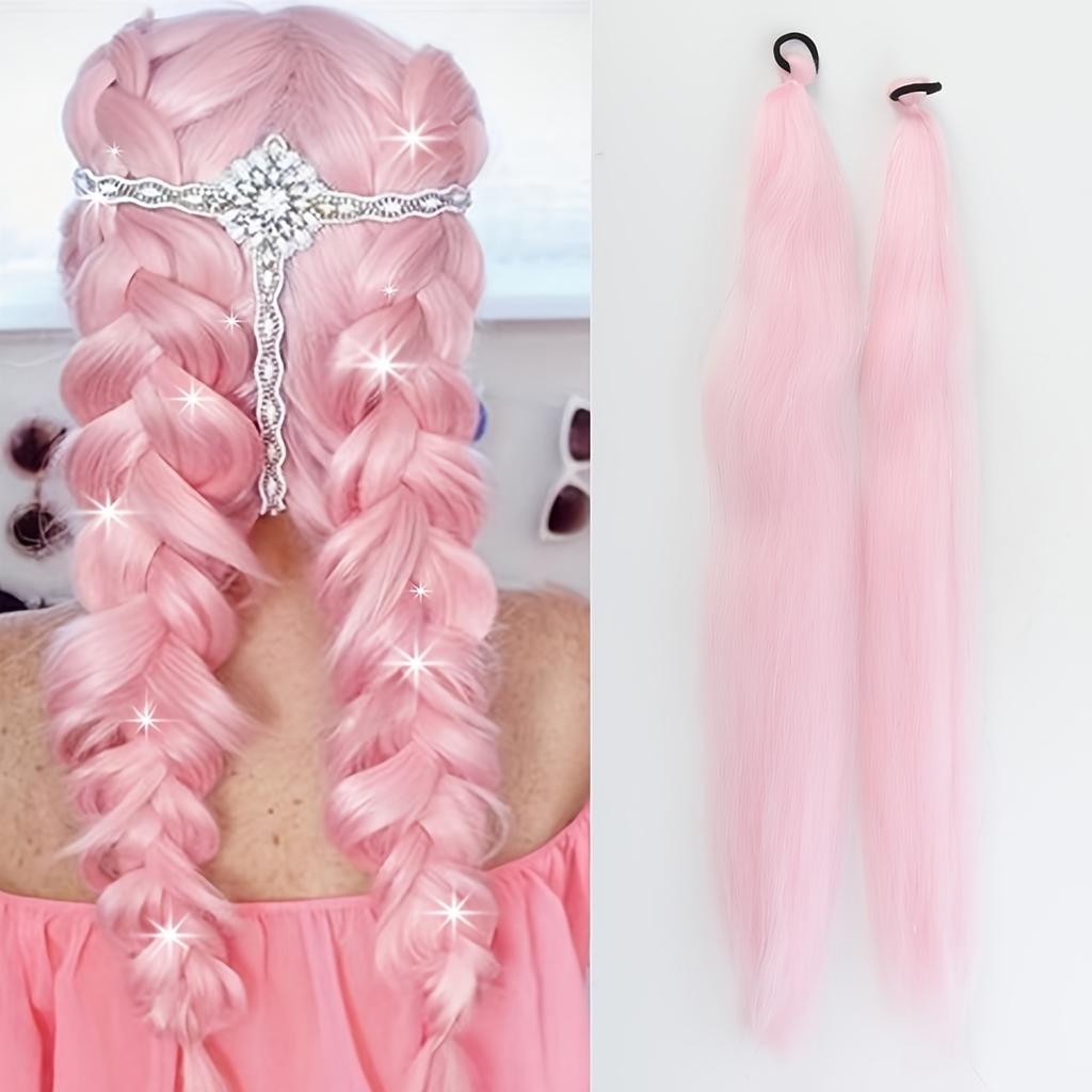 Synthetische Regenbogen Lametta Zöpfe Haarverlängerungen 26 Zoll Doppelte Pferdeschwänze Mädchen DIY Rave Party Ausgefallene Haaraccessoires