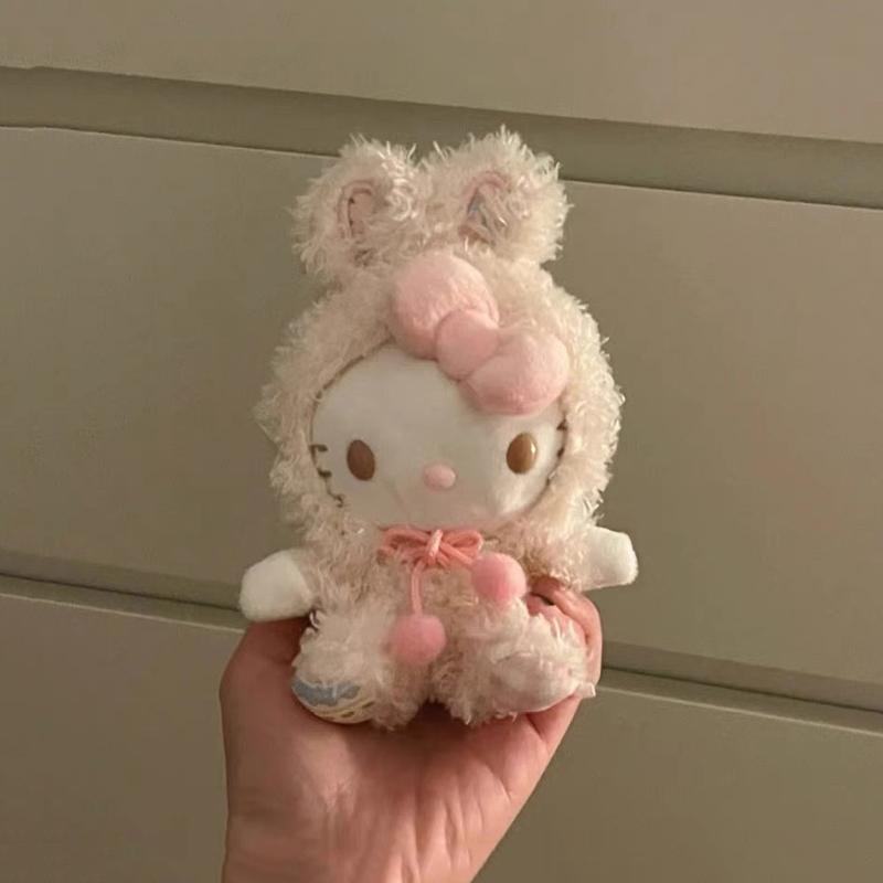 Kawaii Hello Kitty Plush Toy Keychain Sanrio Rabbit Ears Kt Cat Soft Stuffed Doll Pendant Car Key Ring Backpack Bag Decor