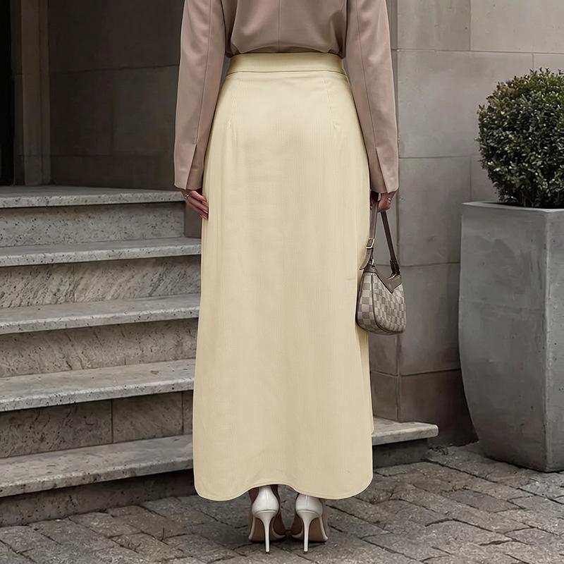 2026 Autumn/Winter New Style Business Casual Linen High-Waisted Pleated Mid-Length A-Line Skirt