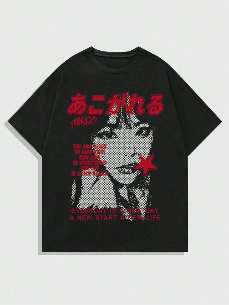 Japanese Anime Pattern Woman's Casual Slogan & Figure Print Round T-shirt Creative T-shirt Summer Outdoor Woman Clothing