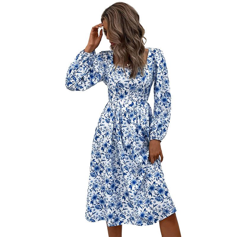 Independent station autumn new fashion foreign trade European and American women's clothing square collar printing retro French backless dress