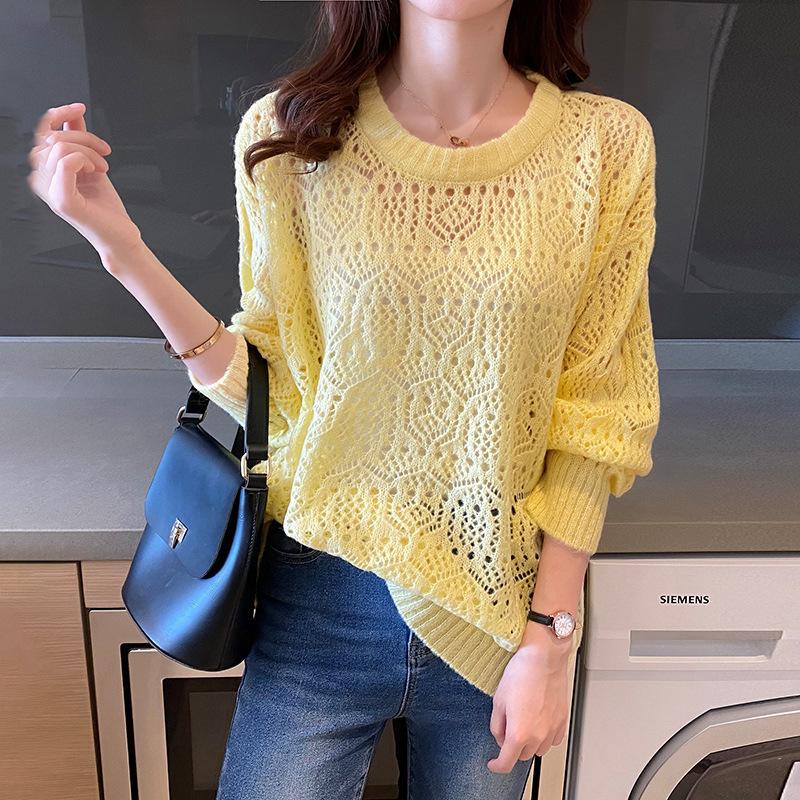 Spring Wear Thin Loose Pullover Hollow Knitted Shirt for Women