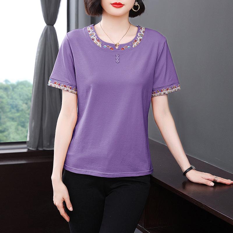 Besticktes Sommer Freizeit Kurzarm T-Shirt für Frauen mittleren Alters