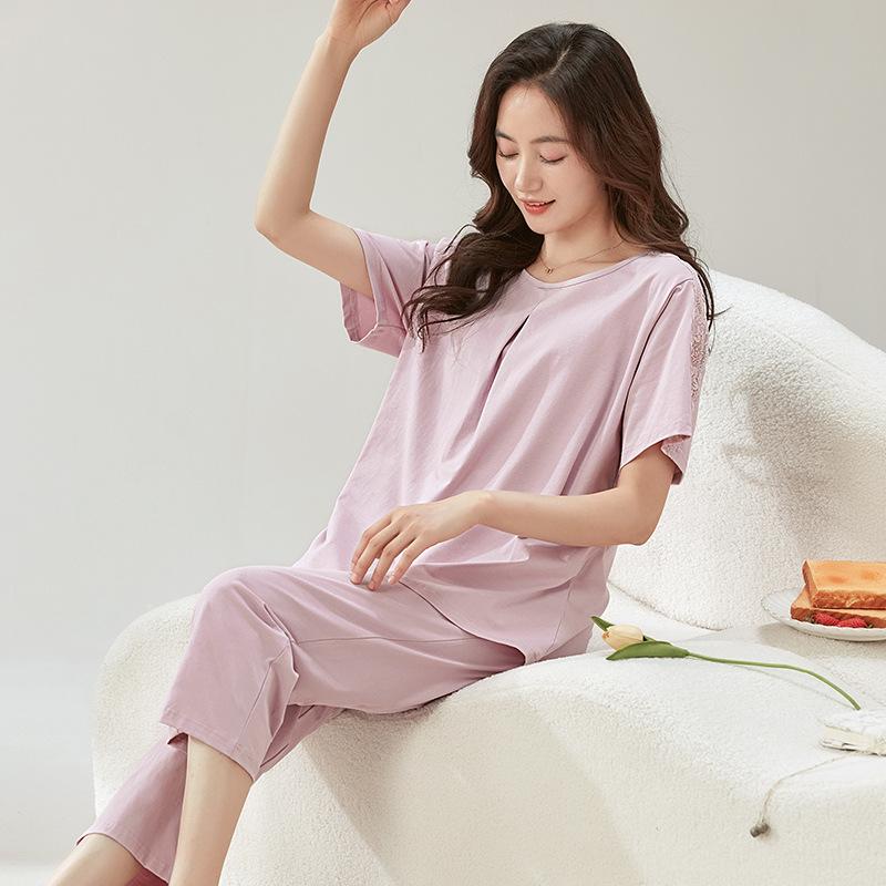 Pajamas Women's Summer Cotton Short-sleeved Cropped Pants Thin Princess Style Women's 1011 New Summer Mother Loungewear