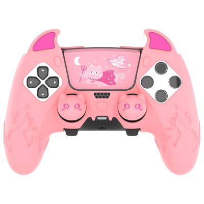 PlayVital Silicone Cover for PS5 Edge Cute Devil Protective Case for Includes Touchpad Sticker Stick Pink Controller, Design, Edge, & Cover,