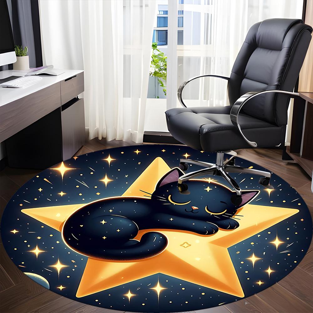 1pc Starry Night Cat Office Round Area Rug, Under Office Chairs Bedroom Living Room Home Decor, Room Deco