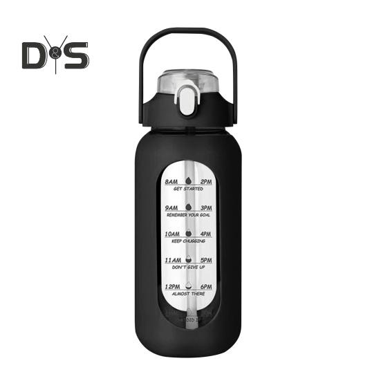 

Стеклянная бутылка для воды на 56 унций с соломенным маркером времени. Мотивационный кувшин для воды на полгаллона без бисфенола-А для тренировок в тренажерном зале. Силиконовый рукав. Герметичная крышка. Горячая и холодная. чёрный