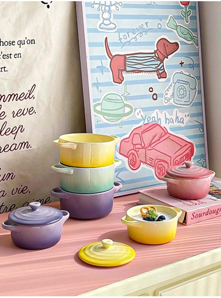 Gradient Ceramic Underglaze Stew Pot with Lid - Double Ear Bowl for Soup, Stews, or Steamed Eggs