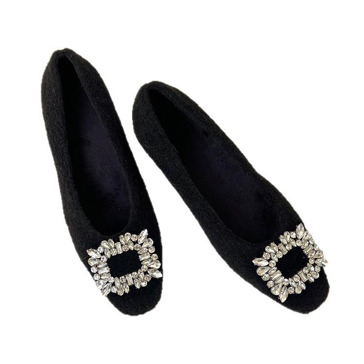Flat bottom inner height increase 5cm shallow mouth single shoes 2025 autumn and winter new rhinestone temperament versatile Korean square head Mao 