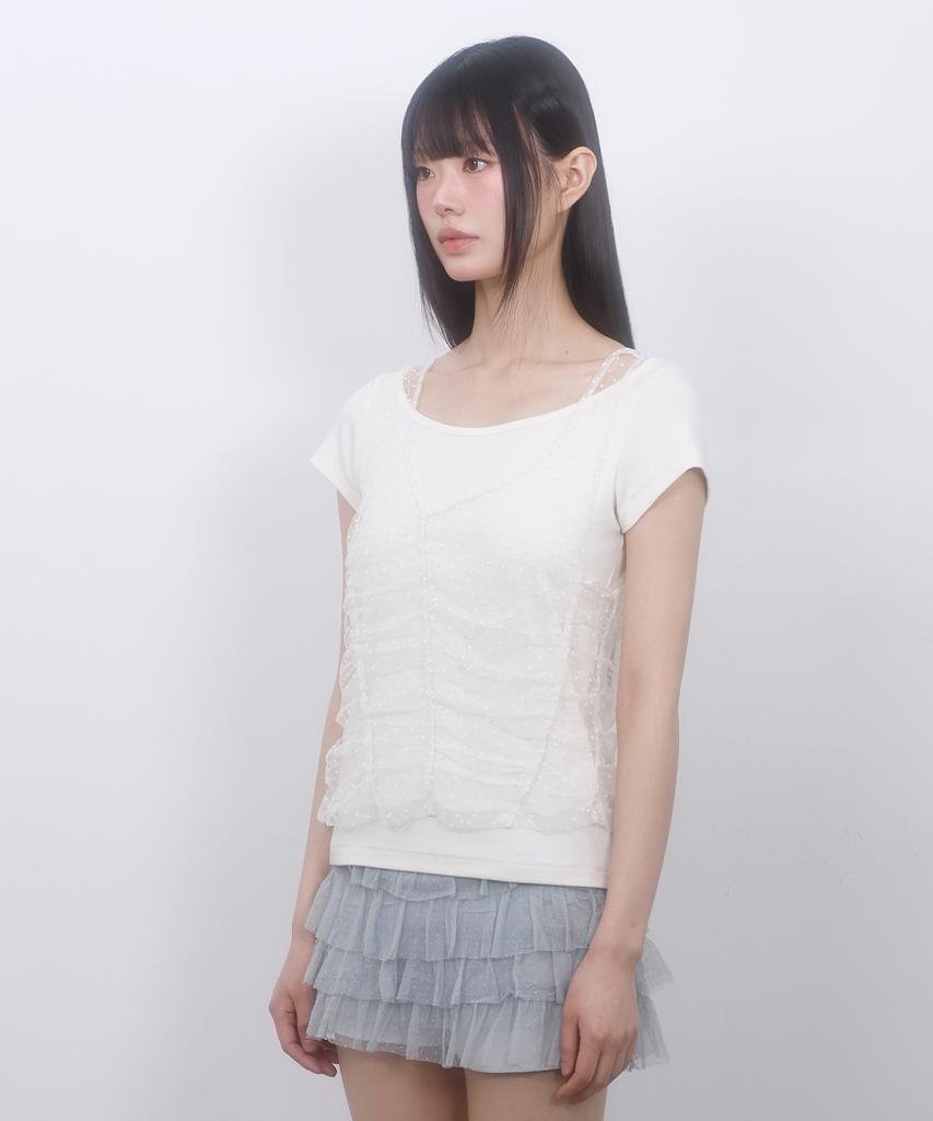 LMR Two-Way Lace Shirred Layered Short Sleeve T-Shirt Cream / Cream