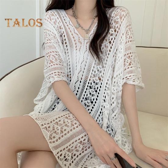 Cover Up Dress V-Neck Short Sleeve Hollow Out Breathable Loose Fit Summer Tops Beach Bikini Cover Up