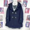 Navy Blue Hooded Woolen Coat: Women's Autumn/Winter College Style with Thick Cotton Padding and Toggle Closure.