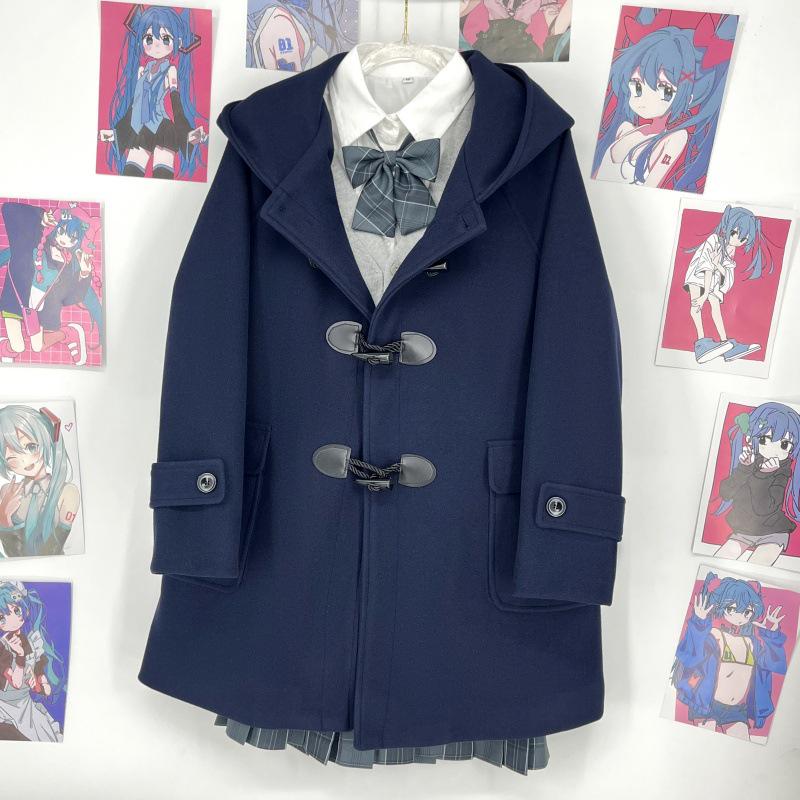 Navy Blue Hooded Woolen Coat: Women's Autumn/Winter College Style with Thick Cotton Padding and Toggle Closure.