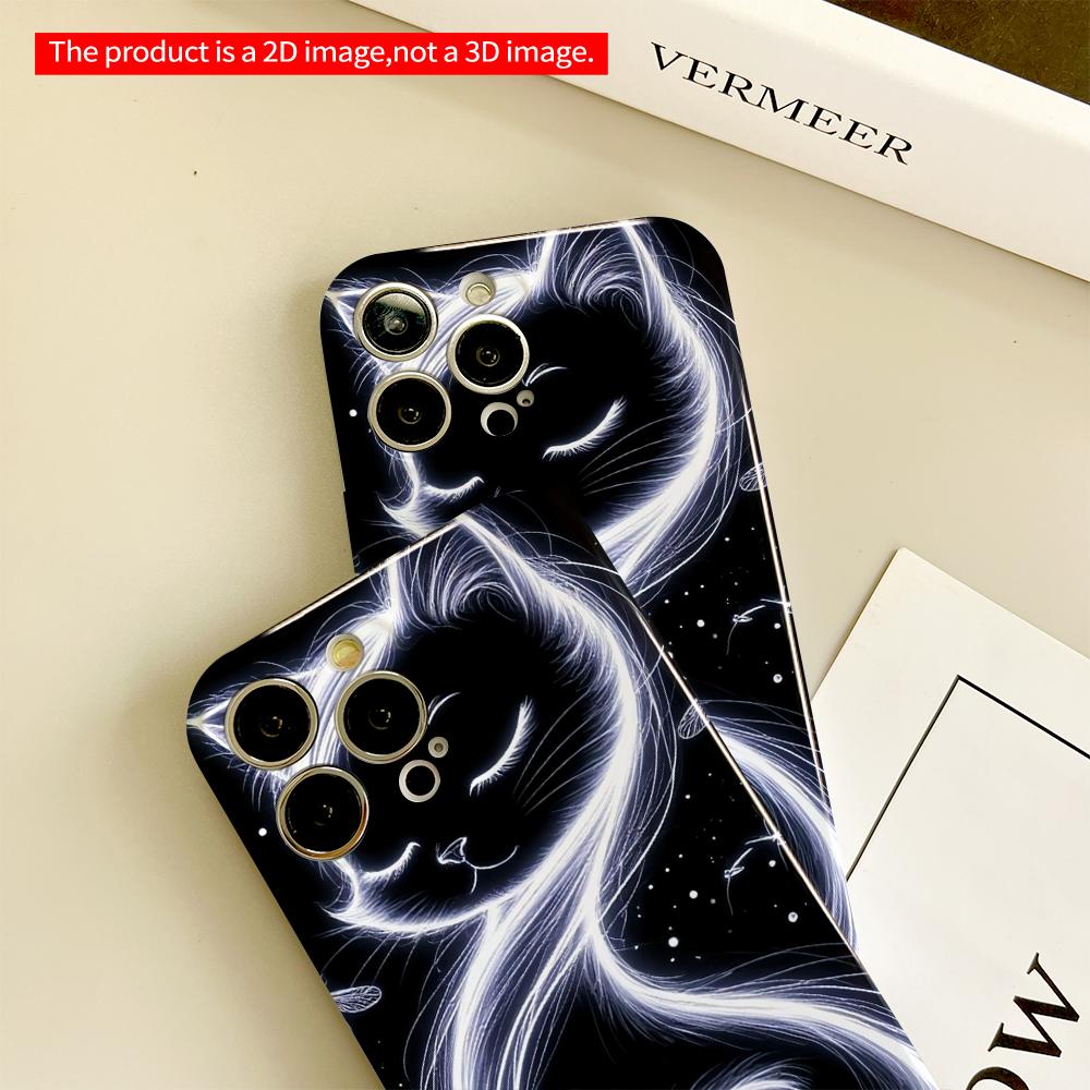 2DFlat Glowing White Cat & Fireflies Night Art Phone Case All Inclusive Film Hard Phone Case, Compatible with iPhone 18 Pro Max 17 16 15 14 13 12 11