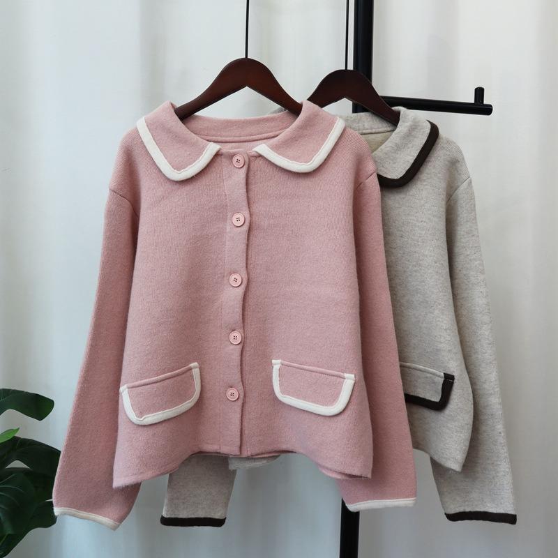 Autumn and Winter New Retro Contrasting Colors Hong Kong Flavor Knitted Cardigan Soft Waxy Design Temperament Loose Sweater Jacket Women