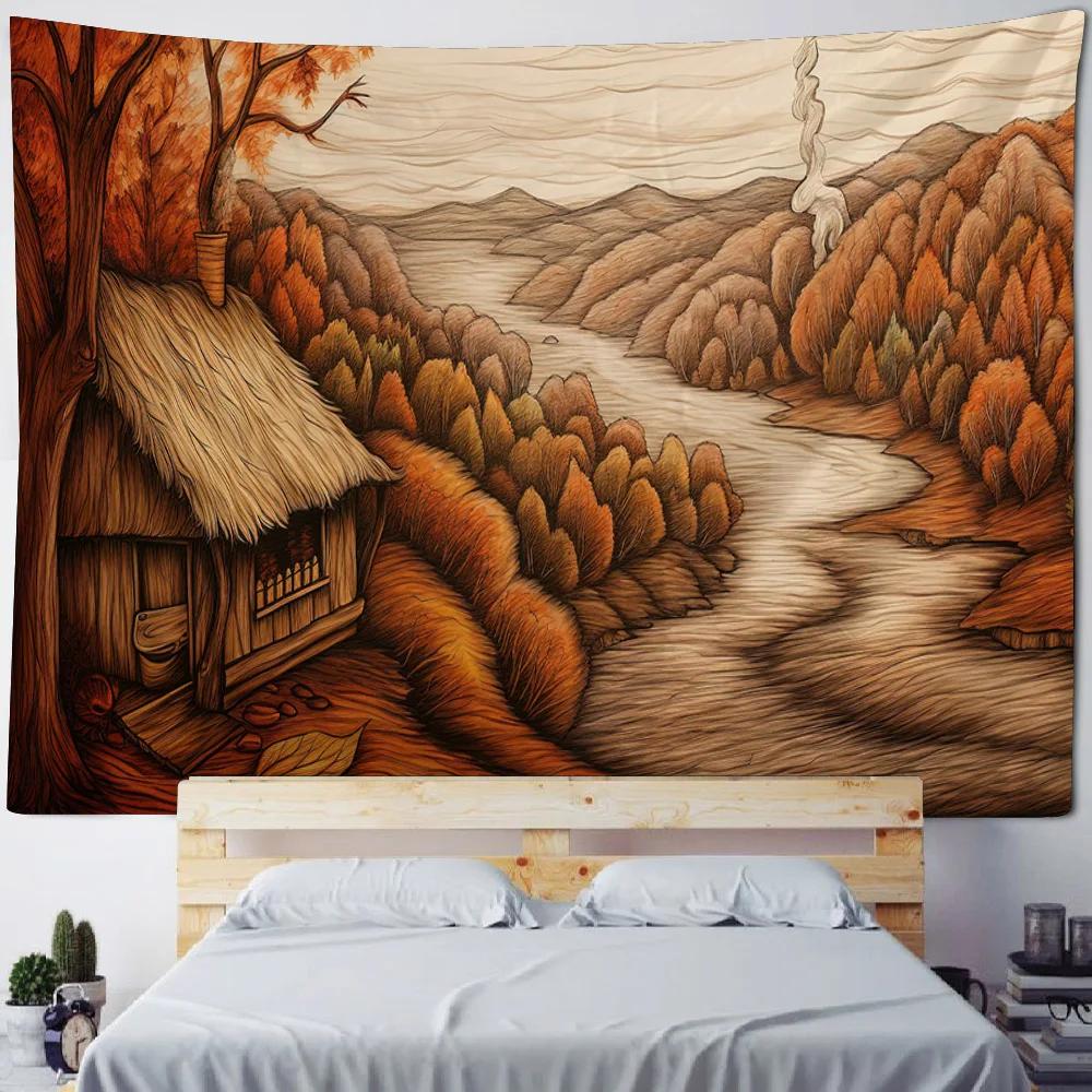 Colorful Mountain & Lake Rural Landscape Oil Painting Tapestry Retro House Art Decor Home Wall Hanging Canvas