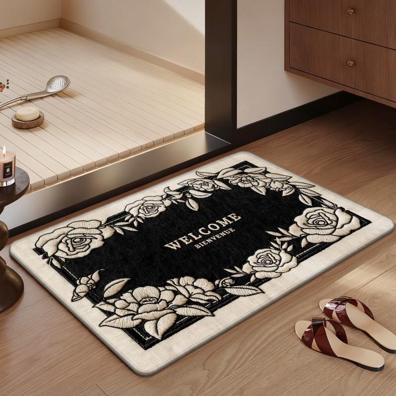 Luxury Bath Mat Anti-Slip Absorbent Floor Bathroom Kitchen Entryway Linen-Like Machine-Woven With Rubber Backing