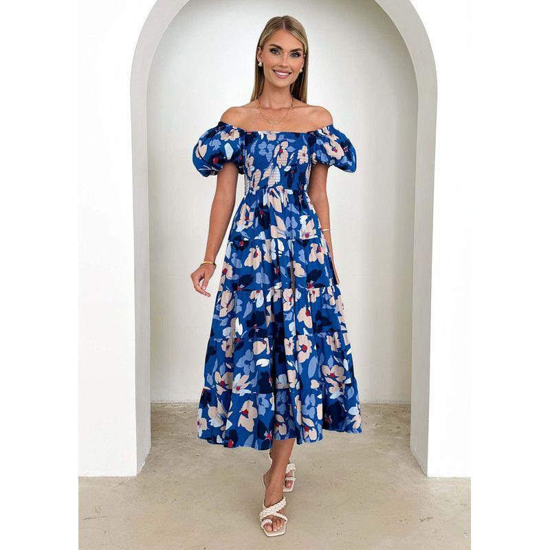 

Bohemian Summer Temperament off-Shoulder Collar Slim fit Waist Hugging Print Frill Mid-Length Short sleeve Dress Blue XL