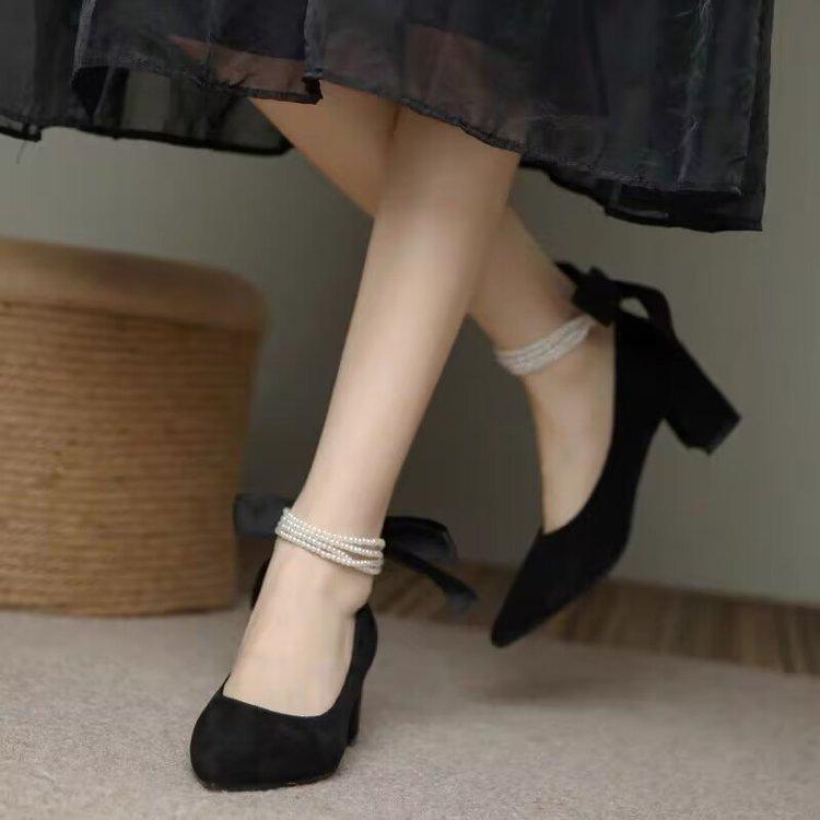 New Spring Pointed Pearl with Black High Heel Single Shoes French Gentle Temperament Medium Heel Thick Heel