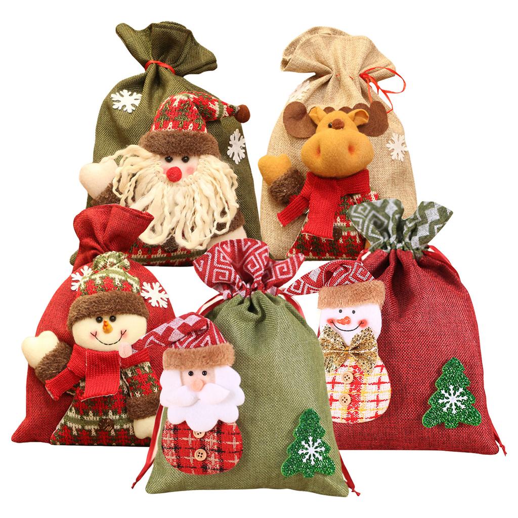 5 PCS Drawstring Christmas Bags, Christmas Gift Bags,3D Gift Bags, Christmas Wrapping Bags, Candy Bags, Red Pouch Bags, Sack Stockings, 8 X 11 Inch