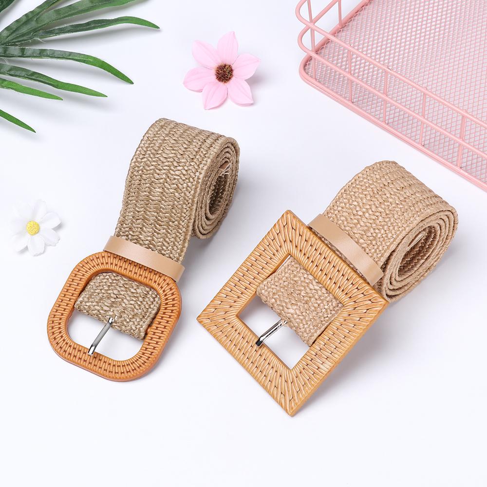 Round Wooden Buckle Dress Belt For Women Elastic Straw Belt Casual Braided Wide Strap Woven Girls PP Fashion Female Designer