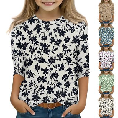 Kinder 3/4 Ärmel Tops Casual Print T Shirt Rundhals Pullover Bluse