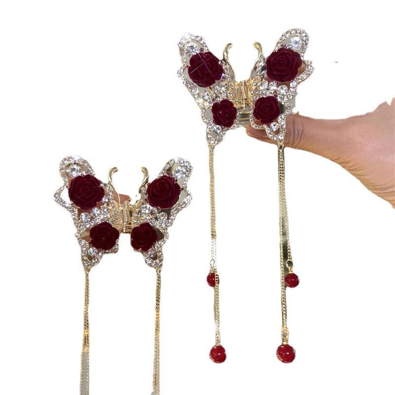 Red Rose Bun Hair Clip Headwear Female Head High-grade Feeling Half A Shark Clip Delicate Butterfly Hair Clip