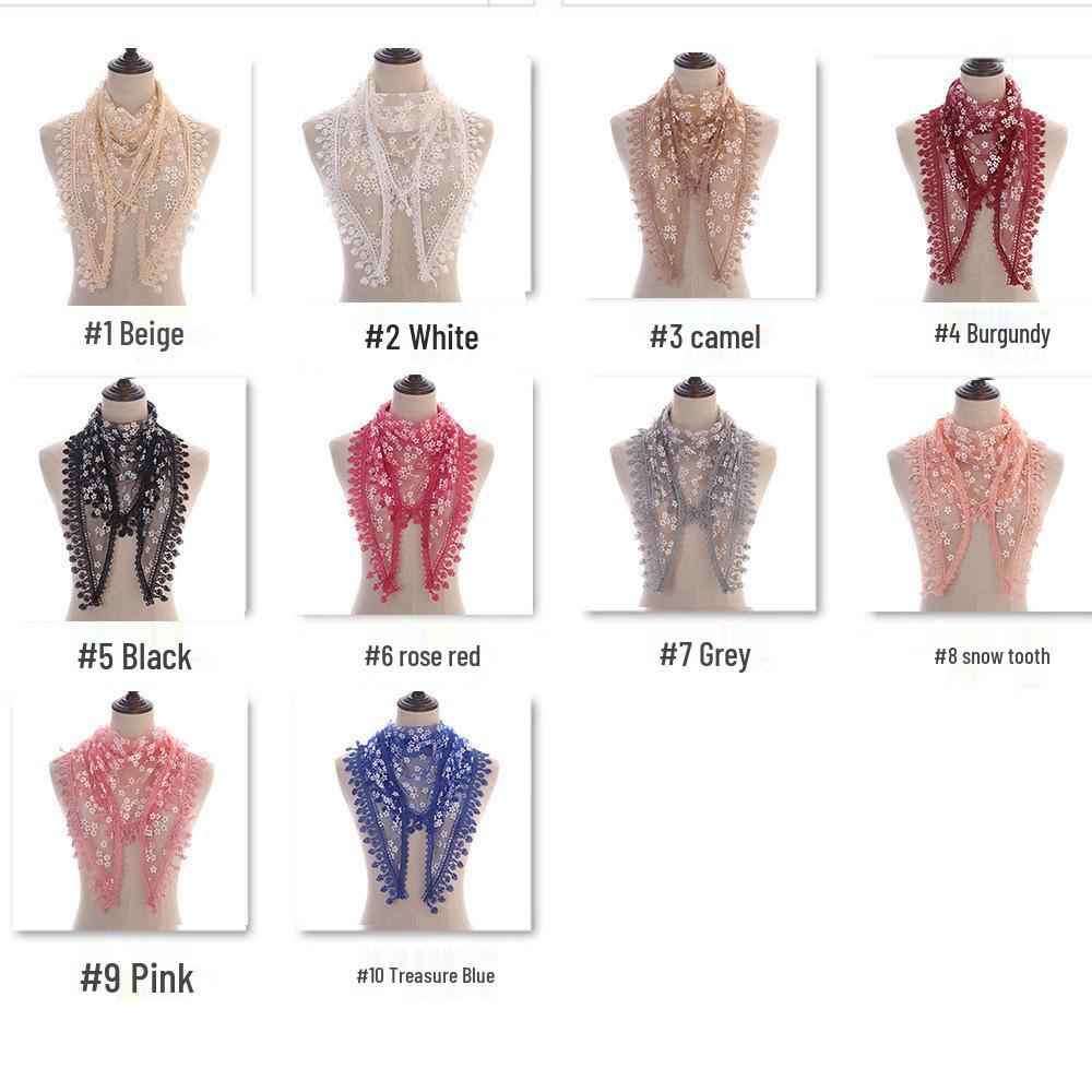 Korean Floral Lace Triangle Scarf with Tassels - Classic Breathable Design for Women