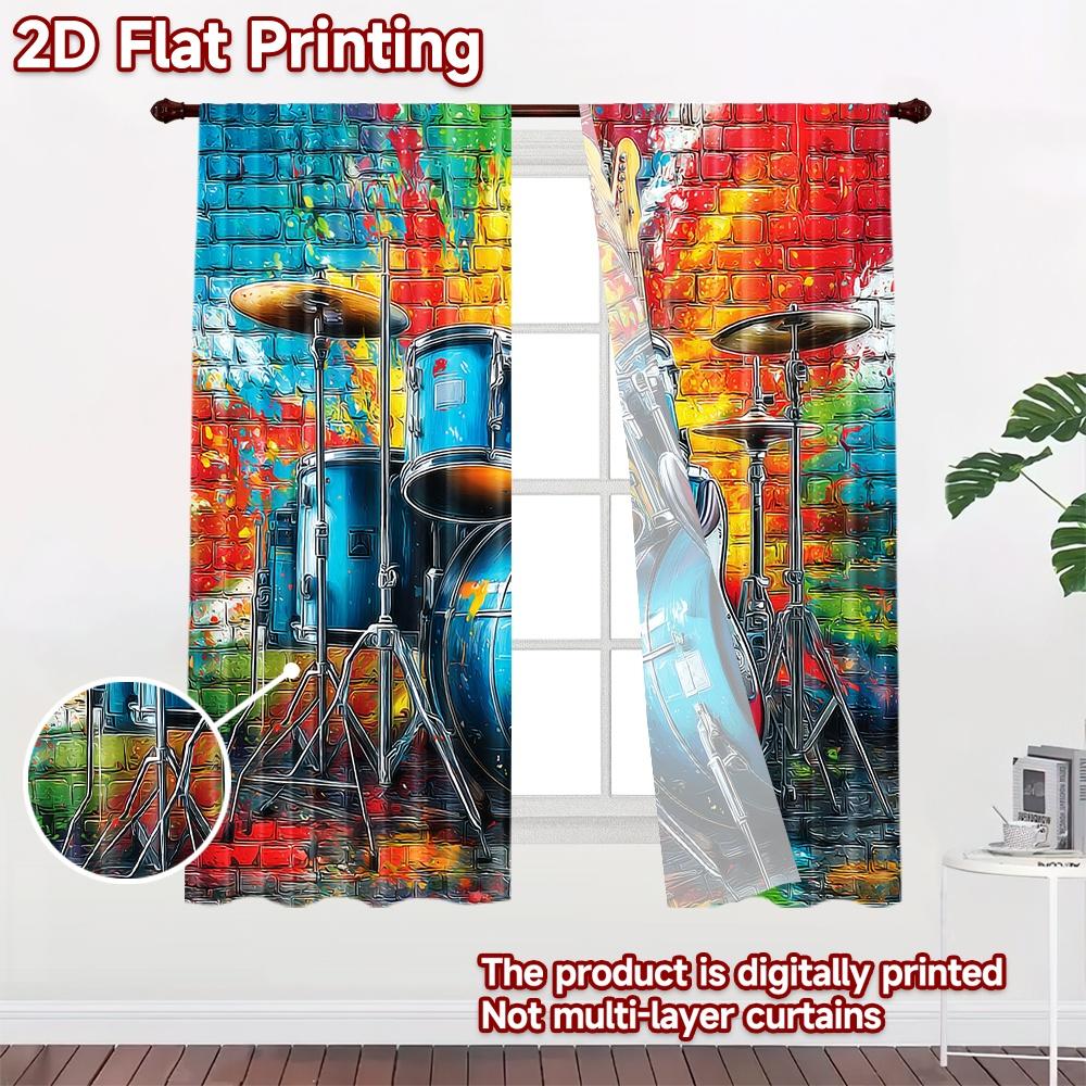 2D Flat Printing 2pcs Curtain Electric Guitar Drum Set Digital Printed Polyester Drapes Festive Wall Decor Use for Photo Booths